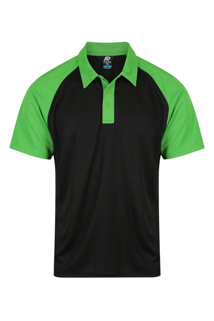 1318 - Aussie Pacific - Manly Mens Polo Black/Kawa Green