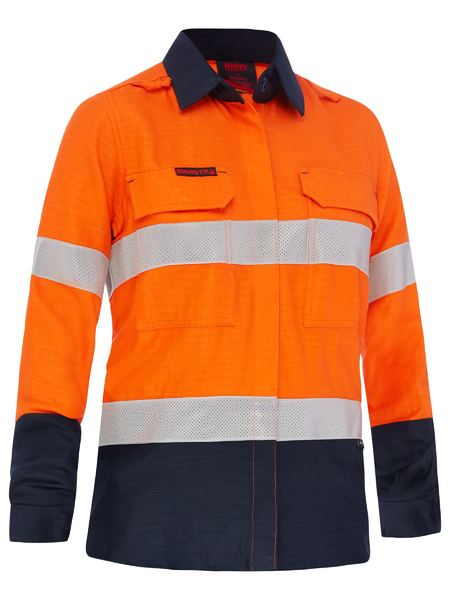 BL8338T - Bisley - Apex 160 Women's Hi-Vis FR Ripstop Vented Shirt Orange/Navy