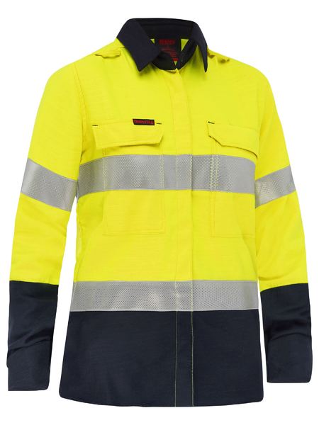 BL8338T - Bisley - Apex 160 Women's Hi-Vis FR Ripstop Vented Shirt Yellow/Navy