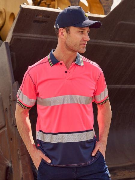BK1219T - Bisley - Taped Two Tone Hi-Vis Polyester Mesh Polo Pink/Navy