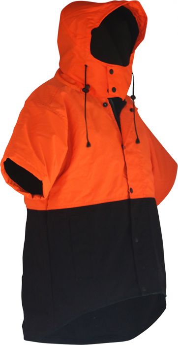 PCO1339 - Caution - Hi-Viz Hooded Oilskin Short Sleeve Vest (Day Only) Orange/Brown