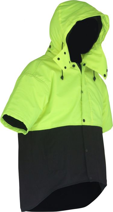 PCO1339 - Caution - Hi-Viz Hooded Oilskin Short Sleeve Vest (Day Only) Yellow/Brown