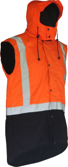 PCO1349 - Caution - Hi-Viz Hooded Oilskin Sleeveless Vest (Day/Night) Orange/Brown