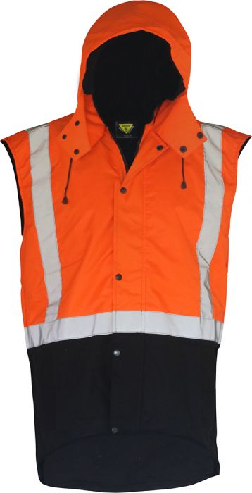 PCO1349 - Caution - Hi-Viz Hooded Oilskin Sleeveless Vest (Day/Night)