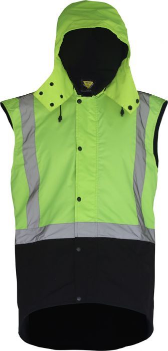 PCO1349 - Caution - Hi-Viz Hooded Oilskin Sleeveless Vest (Day/Night) Yellow/Brown