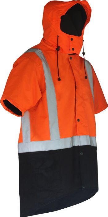 PCO1359 - Caution - Hi-Viz Hooded Oilskin Short Sleeve Vest (Day/Night) Orange/Brown