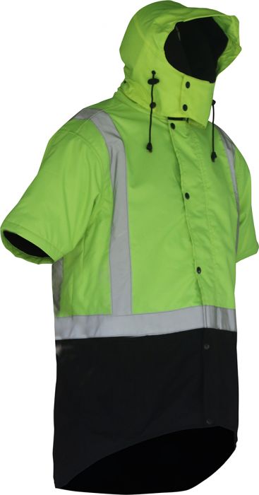 PCO1359 - Caution - Hi-Viz Hooded Oilskin Short Sleeve Vest (Day/Night) Yellow/Brown
