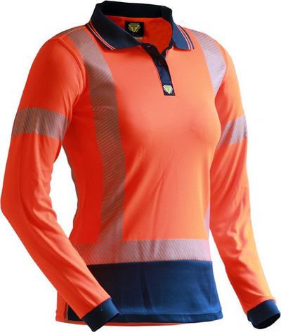 PCP1235 - Caution - Women's Hi-Viz Long Sleeve Micro Fibre Polo (Day/Night) Orange/Navy