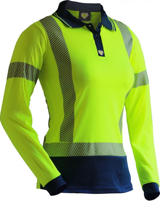 PCP1235 - Caution - Women's Hi-Viz Long Sleeve Micro Fibre Polo (Day/Night) Yellow/Navy