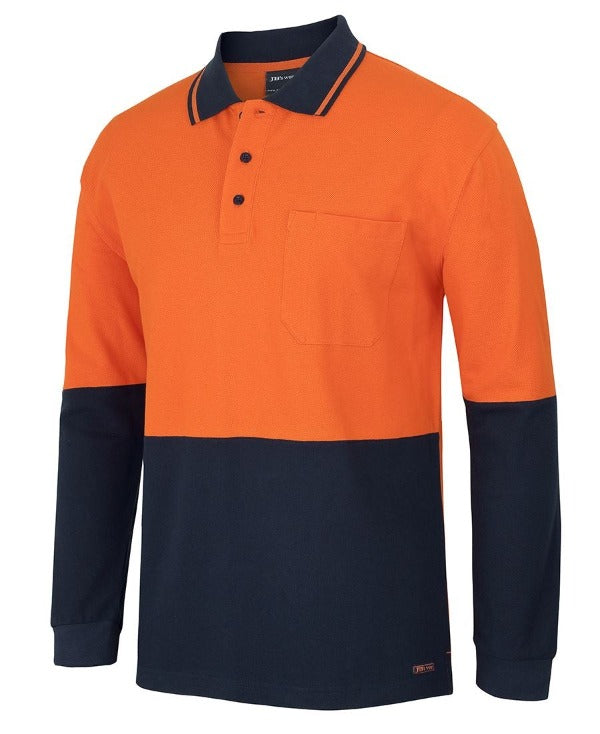 6HVQL - Hi-Vis 100% Cotton Pique knit Traditional Long Sleeve Polo (Day) - 210gsm