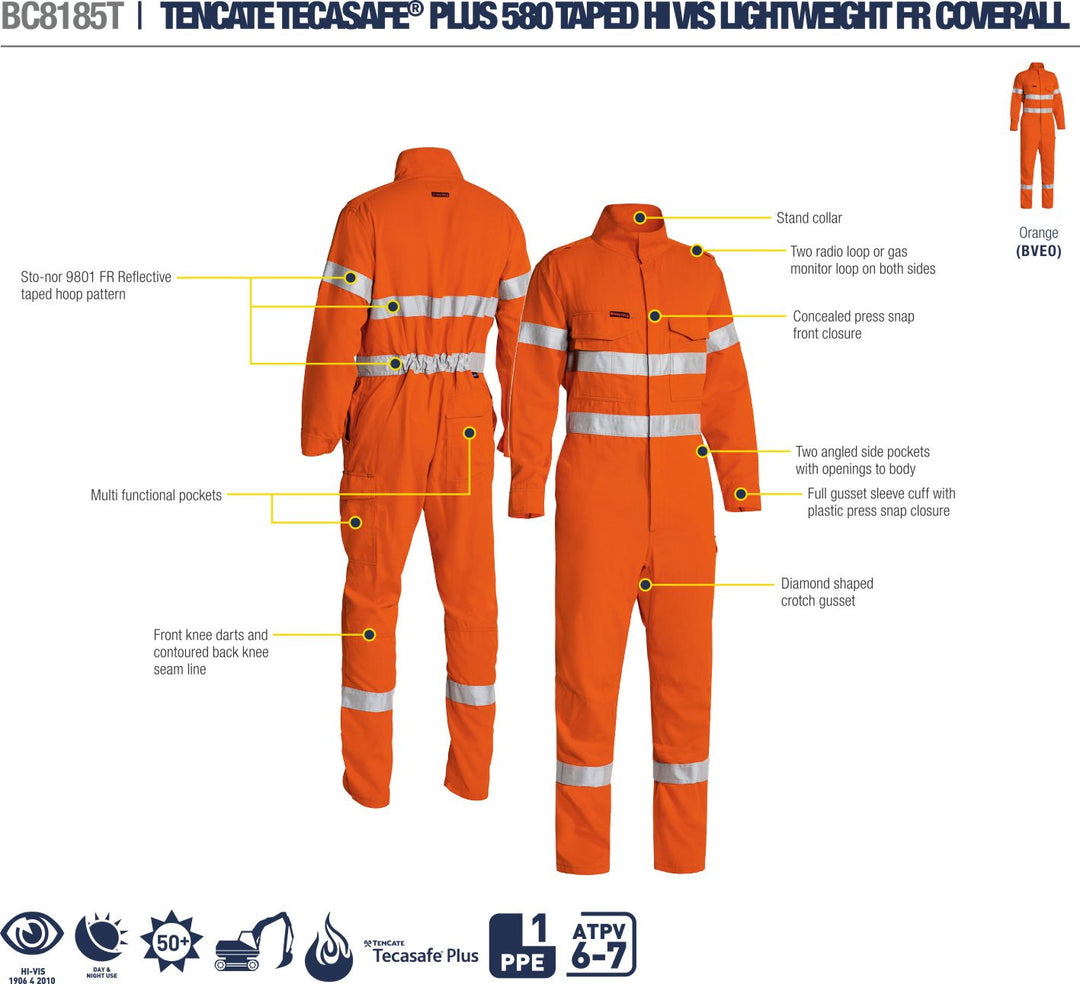 BC8185T - Bisley - Hi-Vis Flame Resistant Lightweight Engineered Overall
