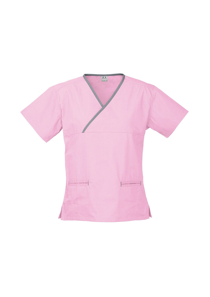 H10722 - Biz Care - Classic Womens Contrast Crossover Scrub Top | Baby Pink/Pewter