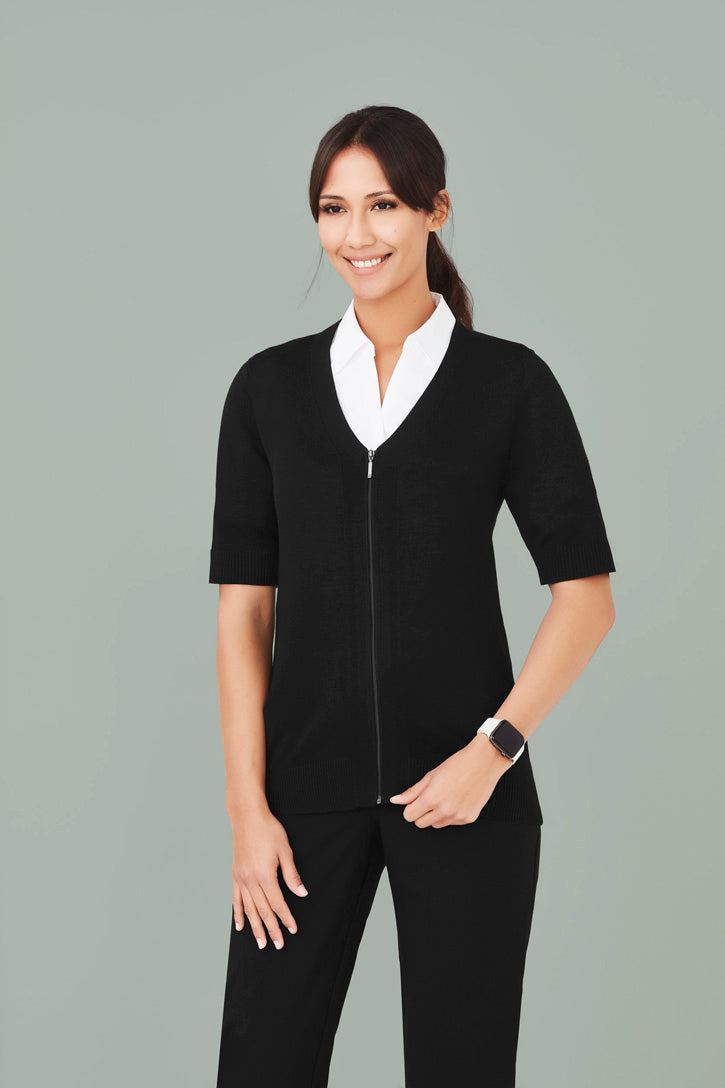 CK962LC - Biz Care - Womens Zip Front Short Sleeve Knit Cardigan | Black