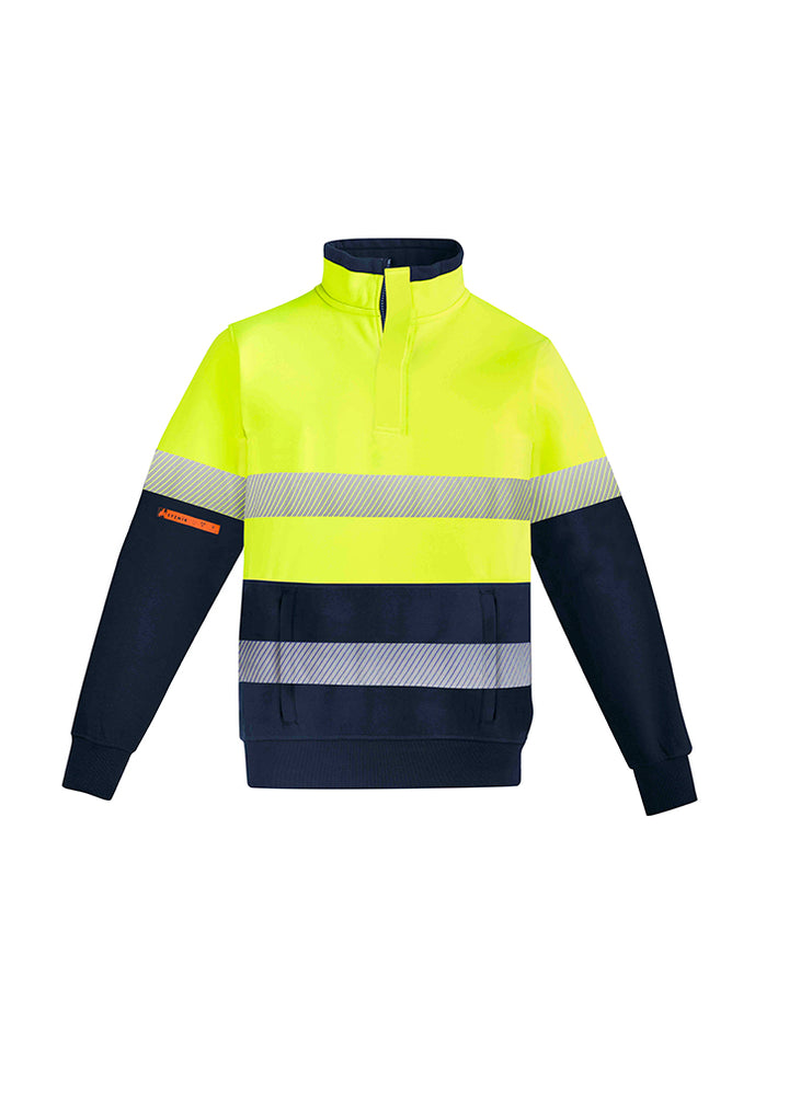 ZT150 - Syzmik - Mens Orange Flame Hi Vis 1/4 Zip Brushed Fleece Pullover - Hoop Taped | Yellow/Navy