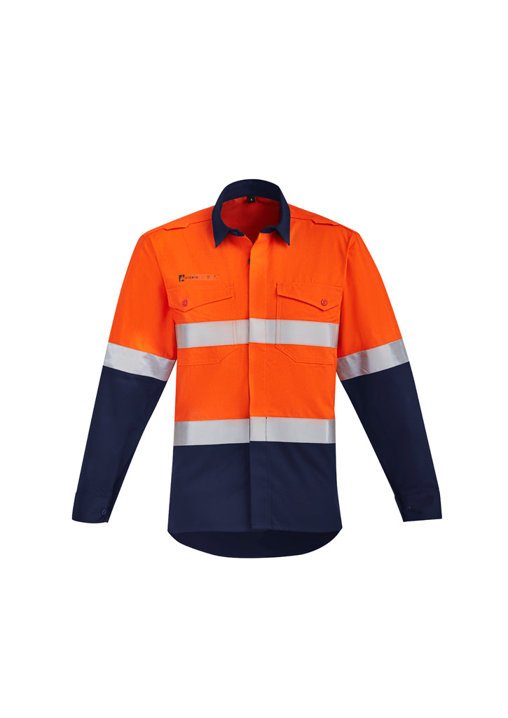 ZW140 - Syzmik - Mens Orange Flame Hi Vis Open Front Spliced Shirt - Hoop Taped | Orange/Navy