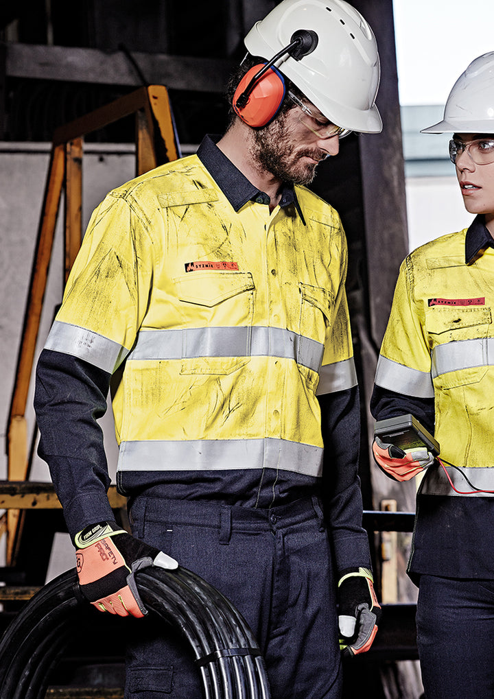 ZW140 - Syzmik - Mens Orange Flame Hi Vis Open Front Spliced Shirt - Hoop Taped