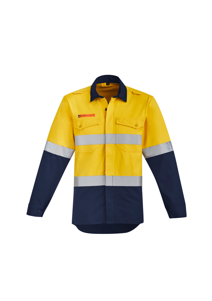 ZW140 - Syzmik - Mens Orange Flame Hi Vis Open Front Spliced Shirt - Hoop Taped | Yellow/Navy