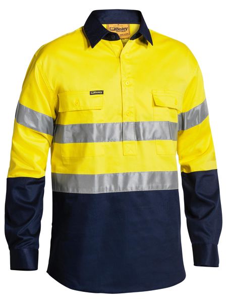 BTC6456 - Bisley - Taped Hi-Vis Closed Front Drill Shirt Yellow/Navy