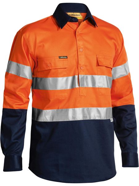 BTC6456 - Bisley - Taped Hi-Vis Closed Front Drill Shirt Orange/Navy