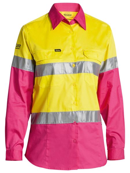 BL6696T - Bisley - Women's Taped Hi-Vis Cool Lightweight Drill Shirt Yellow/Pink