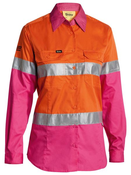 BL6696T - Bisley - Women's Taped Hi-Vis Cool Lightweight Drill Shirt Orange/Pink