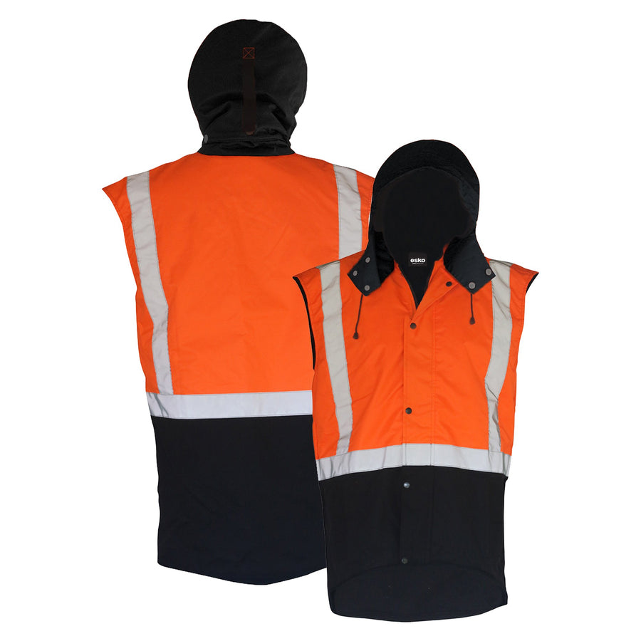 PCO1349 - Caution - Hi-Vis Hooded Oilskin Sleeveless Vest (Day/Night)