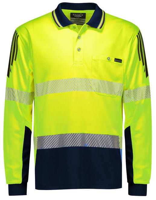 ZH550 - Syzmik - Mens Hi Vis Flux Segmented Tape Long Sleeve Polo - Yellow-Navy