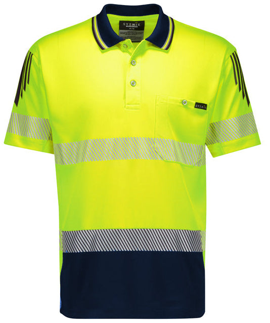 ZH555 - Syzmik - Mens Hi Vis Flux Segmented Tape Short Sleeve Polo - Yellow-Navy