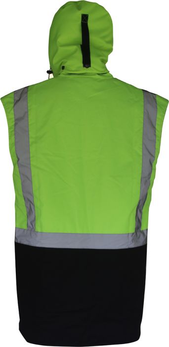 PCO1349 - Caution - Hi-Vis Hooded Oilskin Sleeveless Vest (Day/Night)