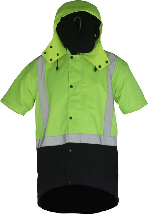 PCO1359 Caution Hi Vis Hooded Oilskin Short Sleeve Vest Day Night Scarlet Workwear