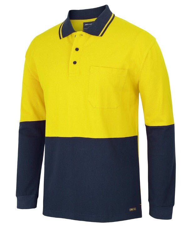 6HVQL - Hi-Vis 100% Cotton Pique knit Traditional Long Sleeve Polo (Day) - 210gsm