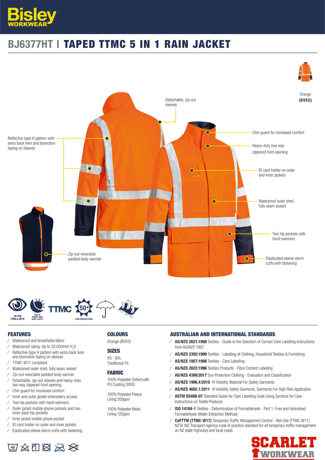 BJ6377HT - Bisley - Hi-Vis TTMC 5 in 1 Waterproof Jacket