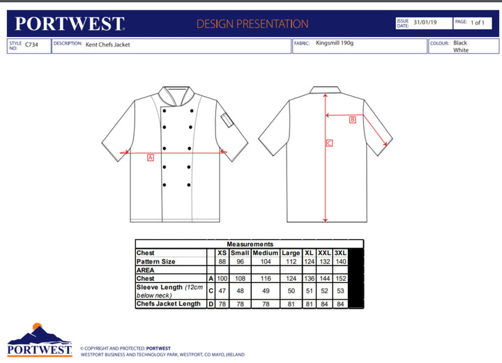 C734 Kent Chefs Jacket - size guide