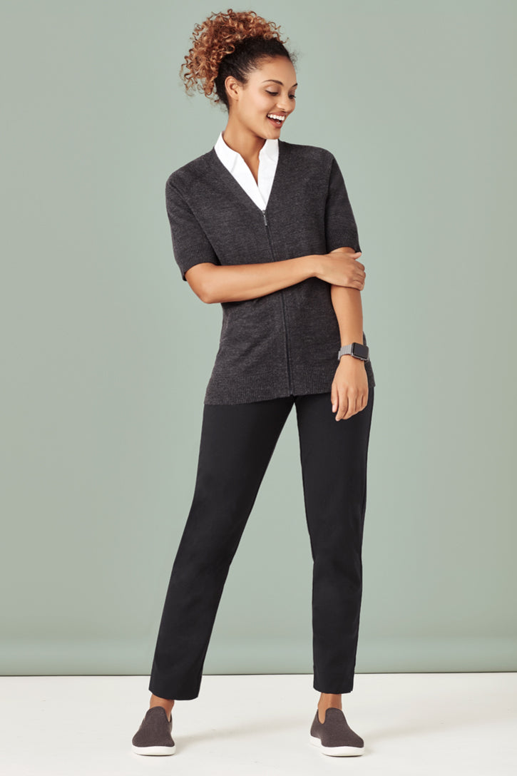 CK962LC - Biz Care - Womens Zip Front Short Sleeve Knit Cardigan | Charcoal