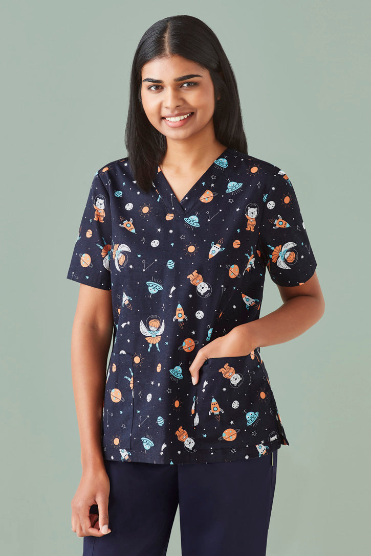 CST148LS - Biz Care - Space Party Womens Scrub Top