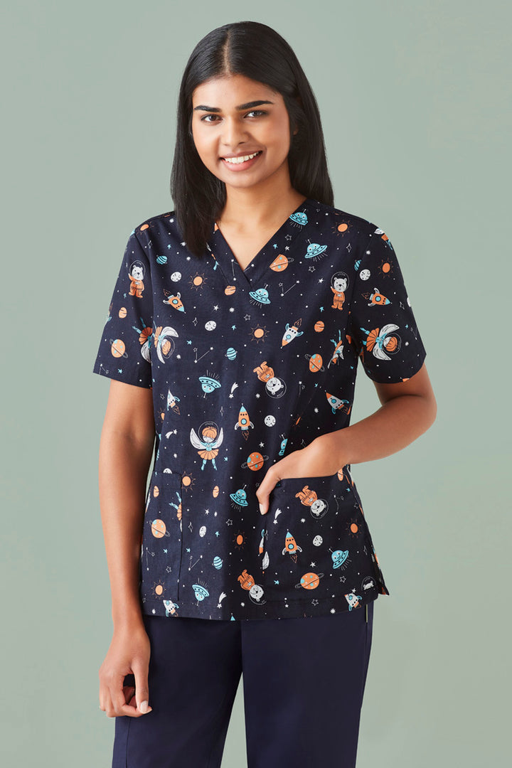 CST148LS - Biz Care - Space Party Womens Scrub Top | Midnight Navy