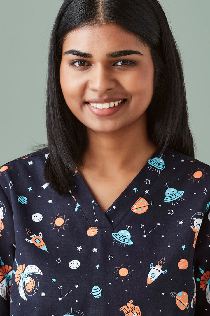 CST148LS - Biz Care - Space Party Womens Scrub Top