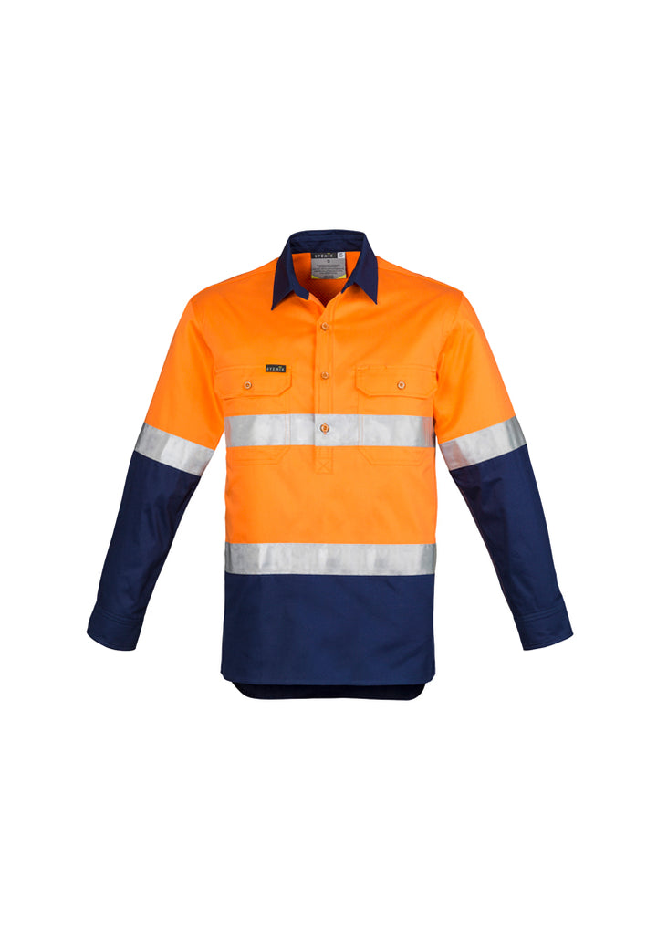 ZW550 - Syzmik - Mens Hi Vis Closed Front L/S Shirt - Hoop Taped | Orange/Navy