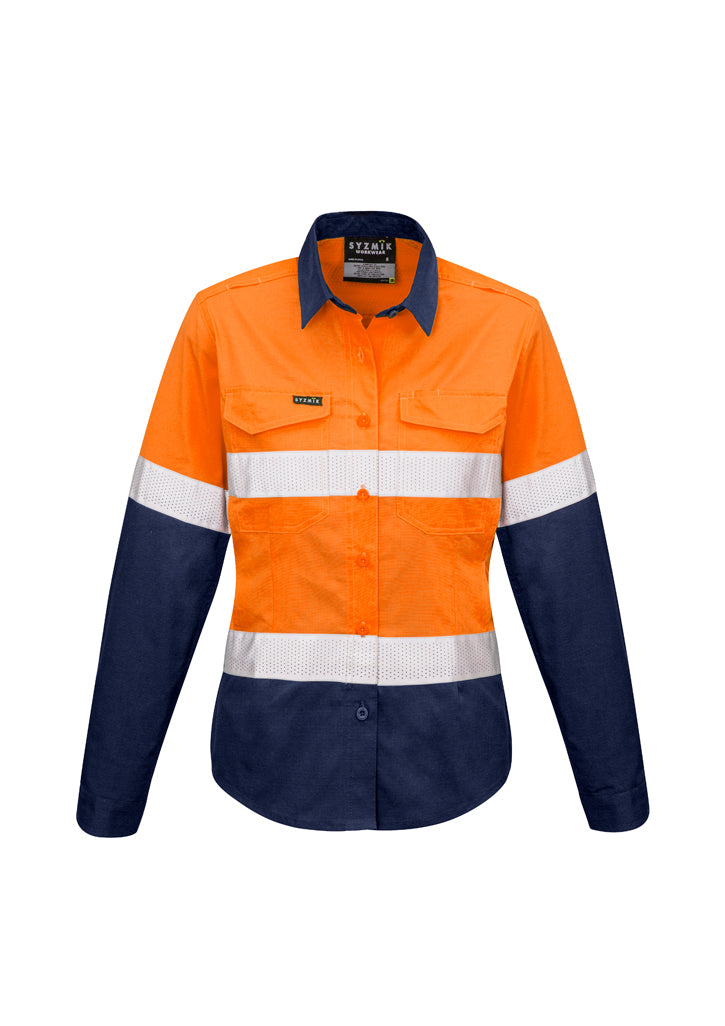 ZW720 - Syzmik - Hi-Vis Women's Rugged Cooling Spliced Long sleeve shirt (taped) 145gsm | Orange/Navy