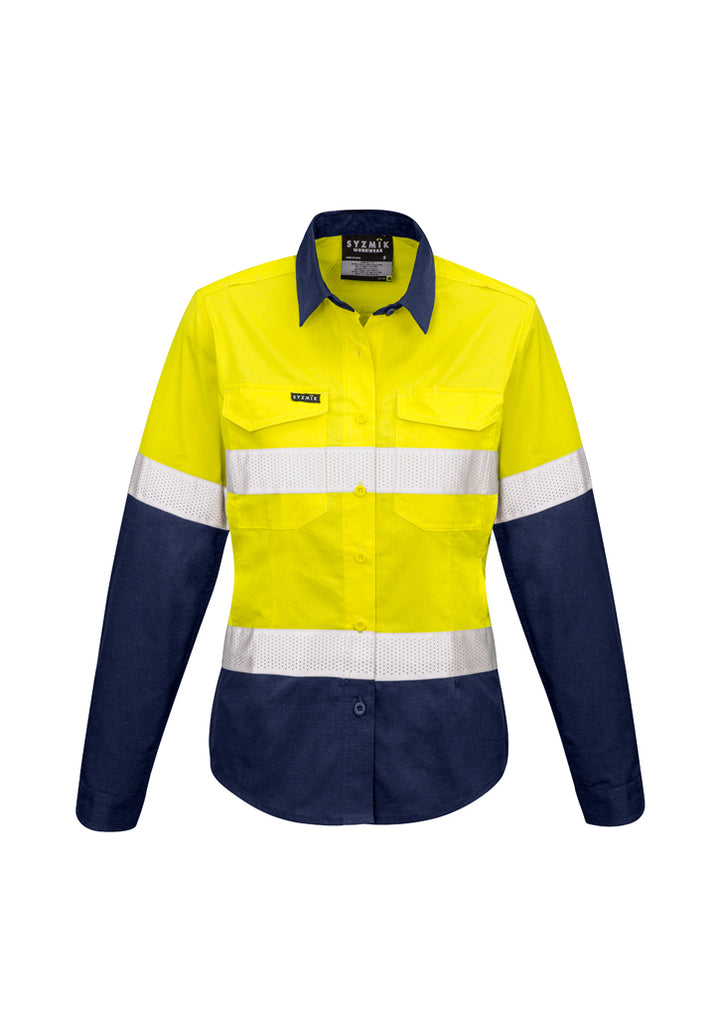ZW720 - Syzmik - Hi-Vis Women's Rugged Cooling Spliced Long sleeve shirt (taped) 145gsm | Yellow/Navy